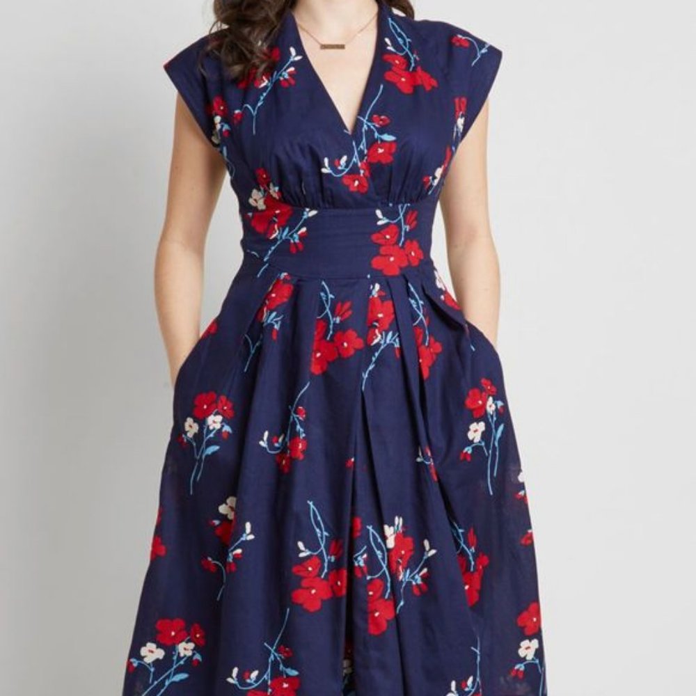 Emily and Fin Saunter Sweetly  A-Line Dress— Navy/red/white floral— UK 18/1X